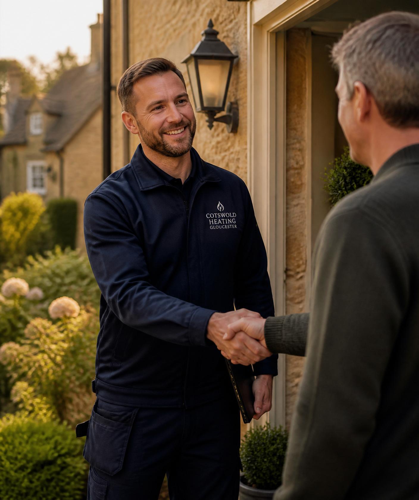 A trusted local tradesperson greeting a homeowner outside a beautiful Gloucester Cotswold home
